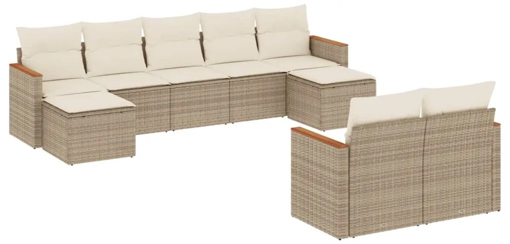 Set divano da giardino 9 pz con cuscini beige in polyrattan