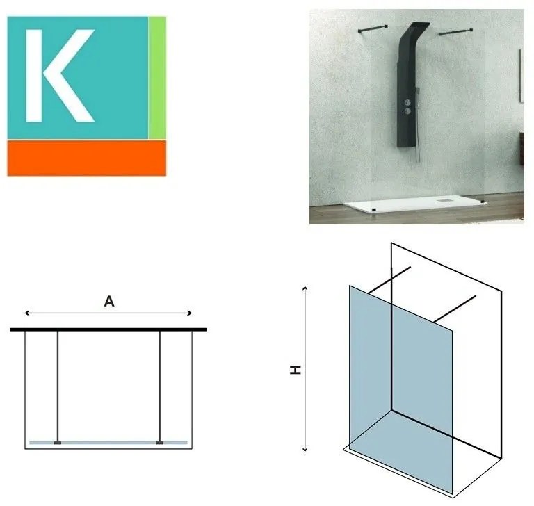 Kamalu - walk-in doccia 160cm con staffe nere vetro trasparente kw3000n