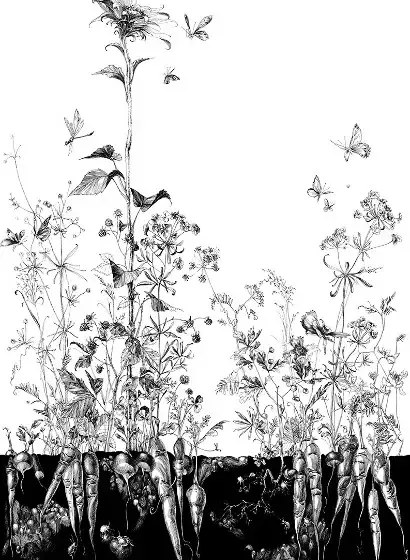 Edmond Petit Carta da parati Lièvres/Fenouil/Tournesol - Blanc et Noi - Tournesol Gauche - Blanc et Noir