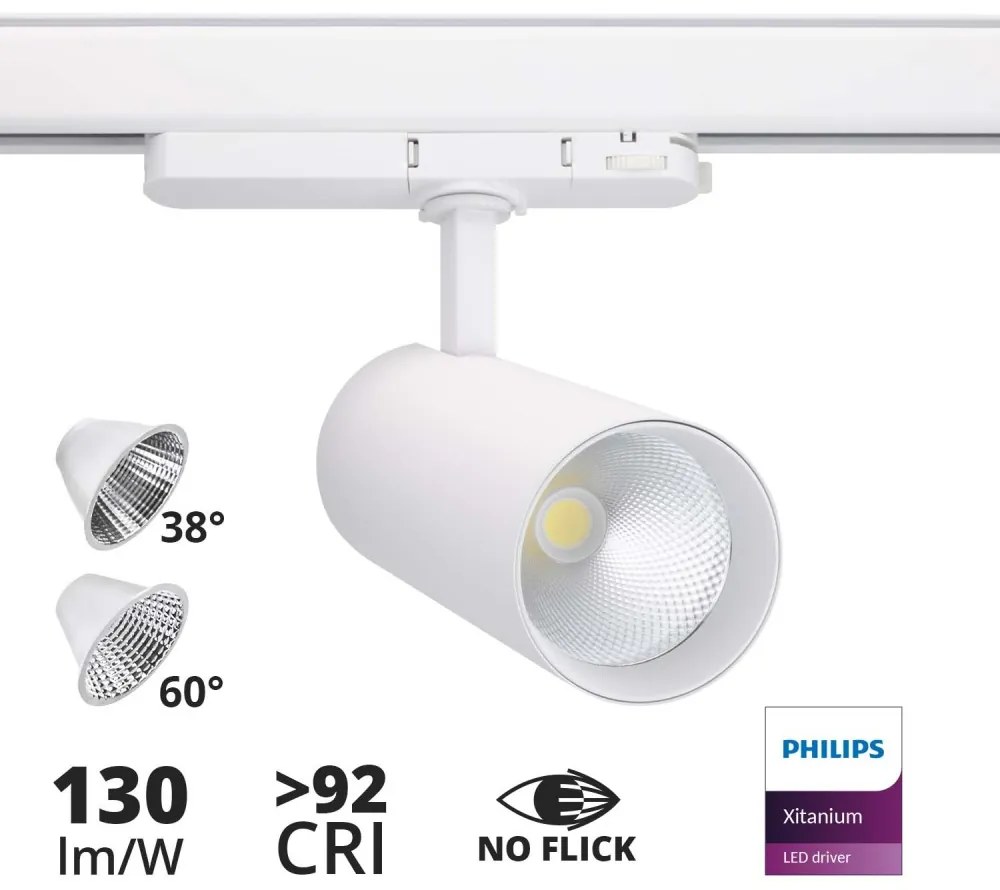 Faro LED 34W per Binario Trifase, 38° + 60° Bianco, PHILIPS Xitanium CRI92 Colore  Bianco Caldo 2.700K