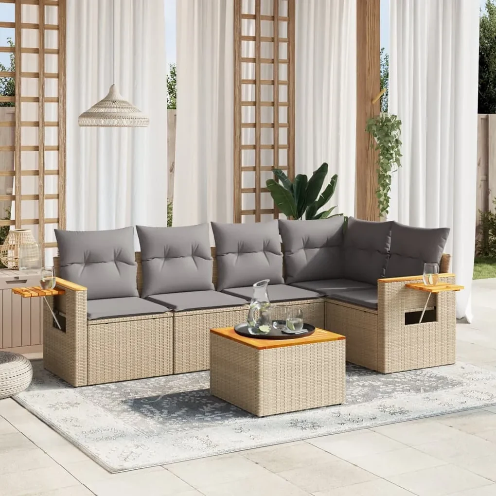 Set divano da giardino 6 pz con cuscini beige in polyrattan