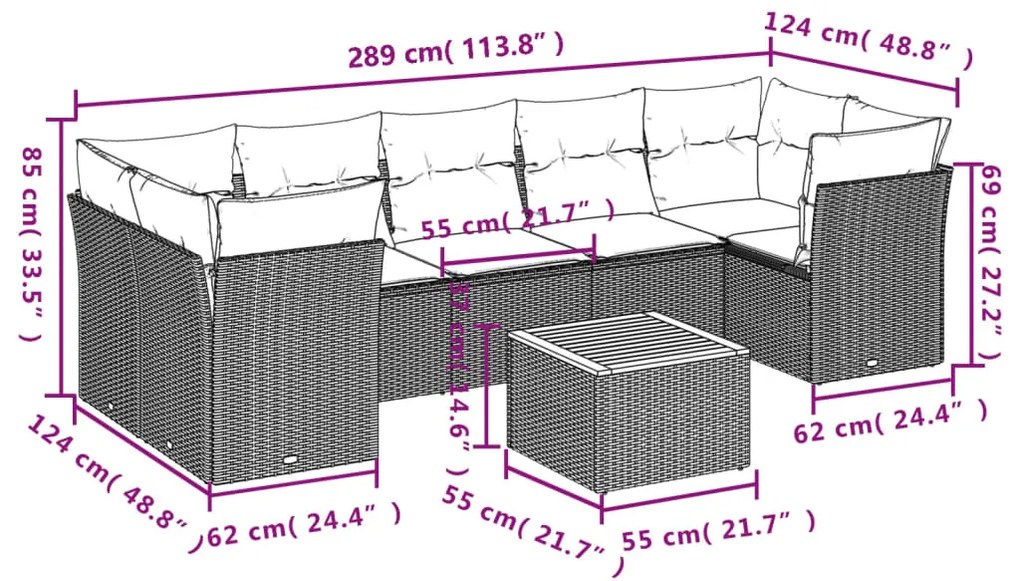 Set Divano da Giardino 8 pz con Cuscini Grigio in Polyrattan