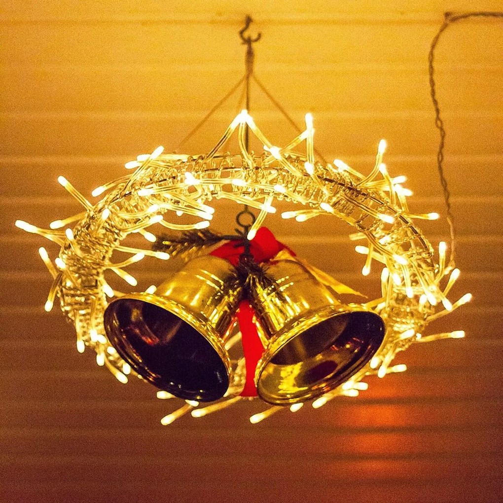 Catenaria Natalizia LED 9m 8 GIOCHI DI LUCE Cavo TRASPARENTE IP44 Colore Bianco Caldo 2200 - 2300 °K