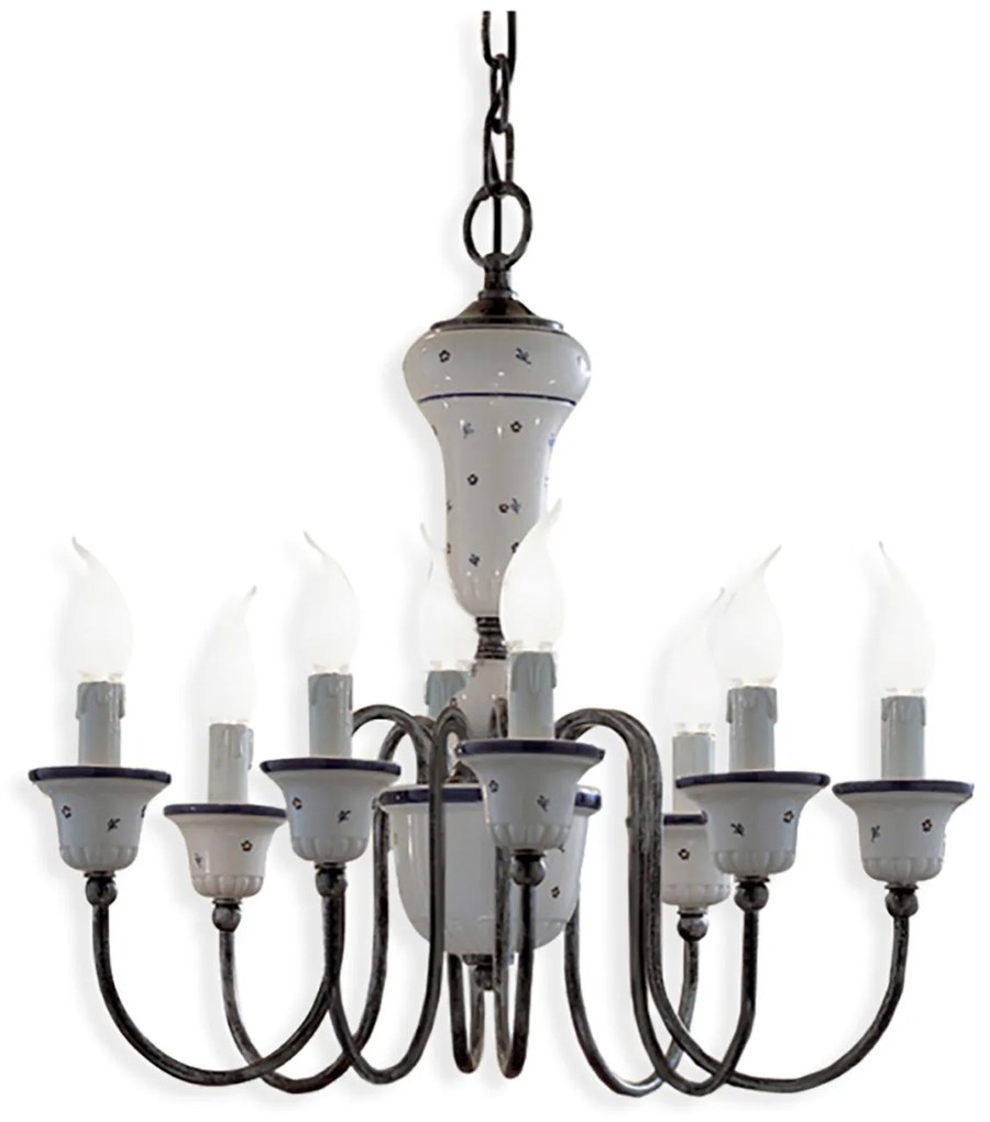 Lampadario Classico Sanremo Metallo E Ceramica Bianco Filo Blu 8 Luce E14