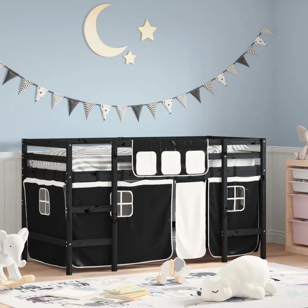 Letto A Soppalco Con Tende Bambini Bianco E Nero 90x200 Cm Pino /