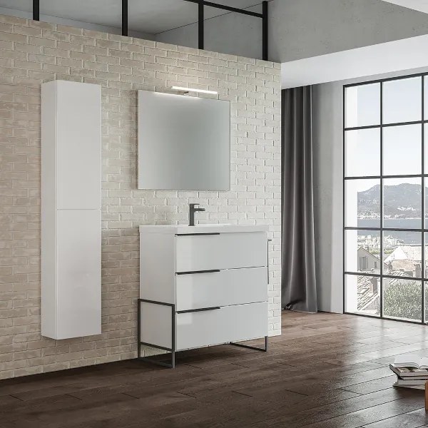 Bagno base 3 cassetti 82 cm con lavabo specchio e lampada LED FEBE1 Bianco Lucido