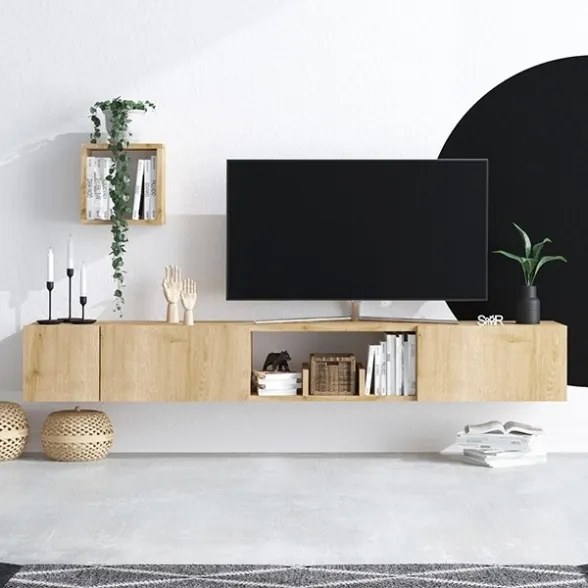 Mobile TV Sospeso 180 Cm Effetto Legno Con Mensola A Cubo Armor