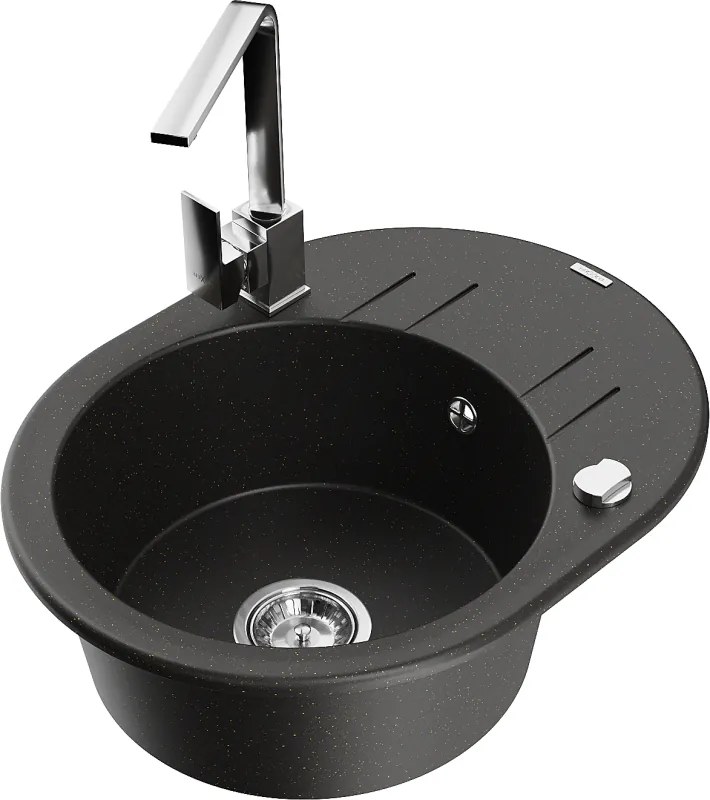 Mexen Kevin lavello in granito a 1 vasca con scolapiatti e rubinetto da cucina Rita, nero/oro metallizzato - 6517-75-670300-00