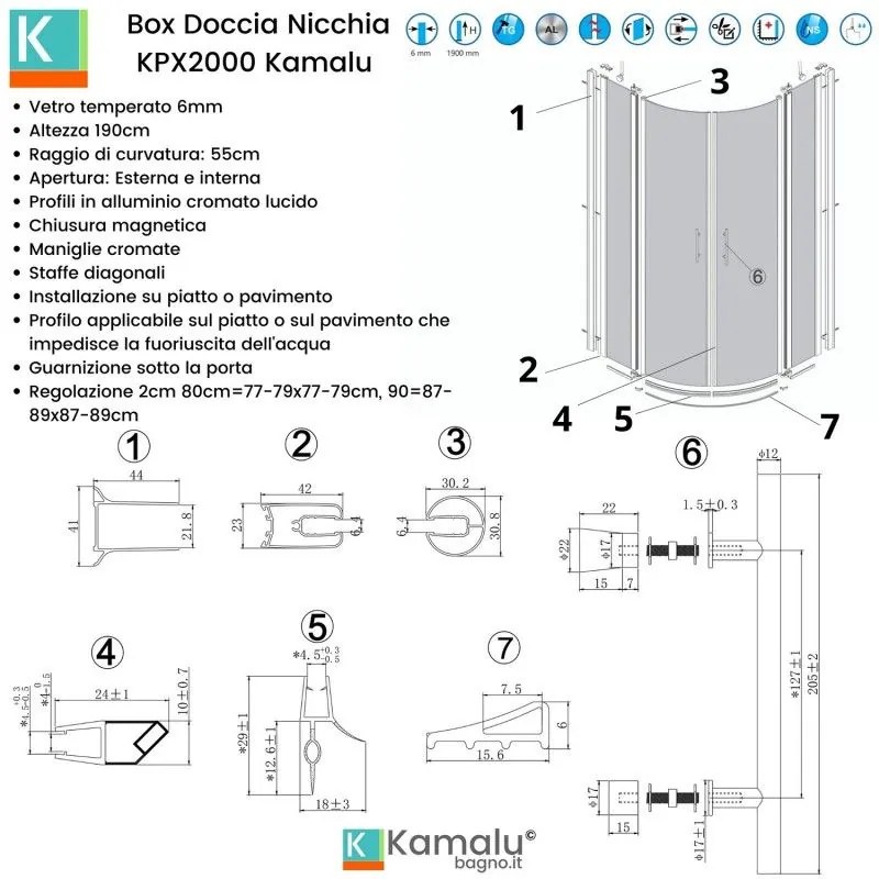 Kamalu - box doccia semicircolare 80x80 ante battenti kpx2000