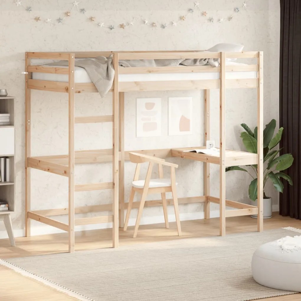 Letto Soppalco Con Scrivania 90x200 Cm Legno Massello Pino /