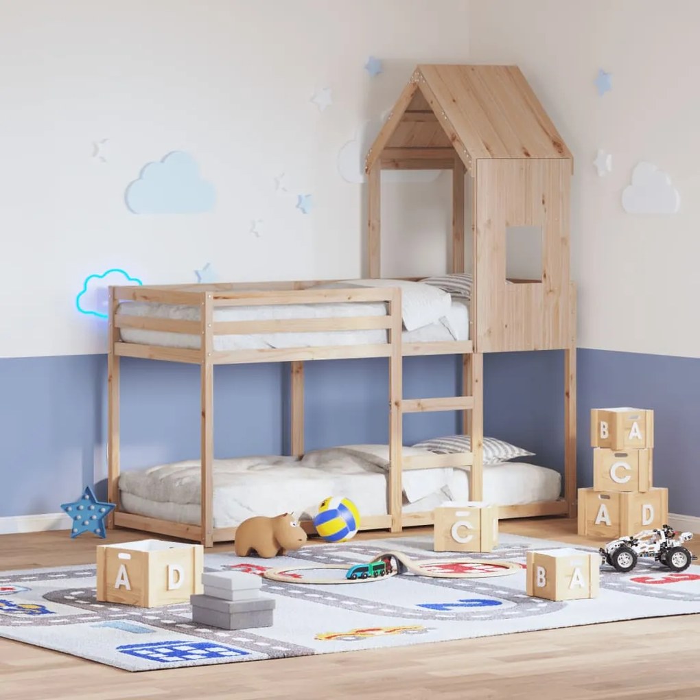 Letto A Castello Con Tetto 80x200 Cm İn Legno Massello Di Pino /