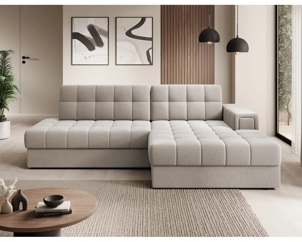 Divano angolare beige allungabile (con penisola a destra/con chaise lounge) con rivestimento in velluto Blezalt – ELTAP