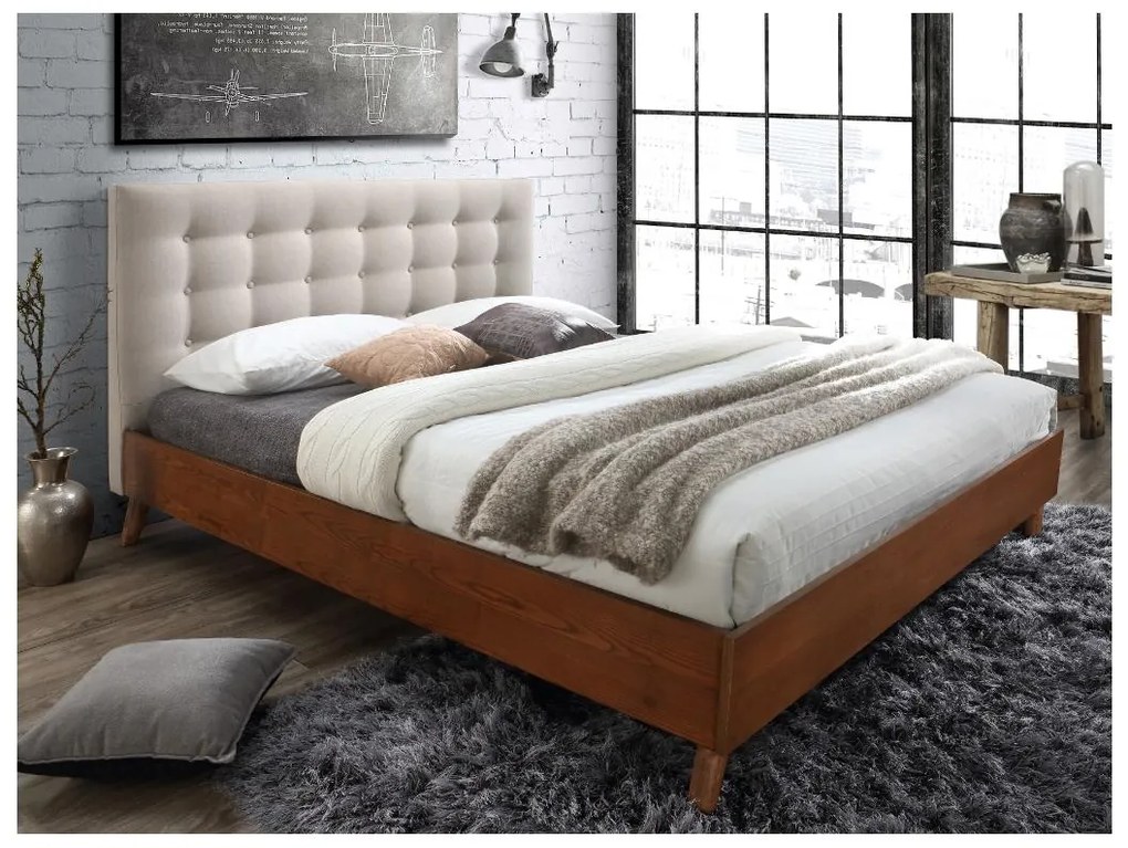 Letto matrimoniale 180 x 200 cm in Tessuto beige e legno - FRANCESCO
