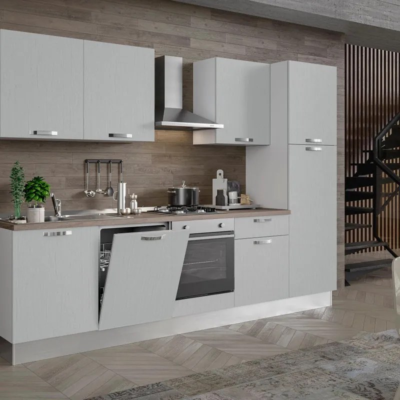 Cucina montata Dora bianco spatolato, lavello a sinistra, L 300 cm, completa di: cappa a camino, piano cottura a gas, forno, frigorifero e lavastoviglie