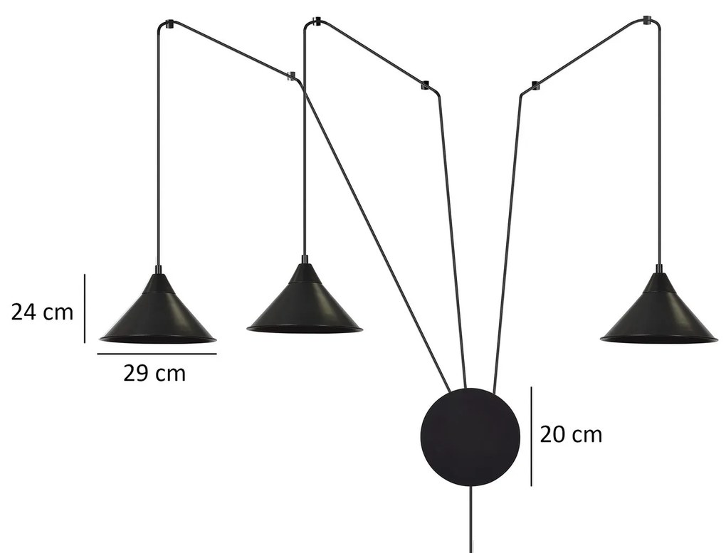 Sospensione Minimal 3 Luci Abramo In Acciao Nero E Paralume A Cono