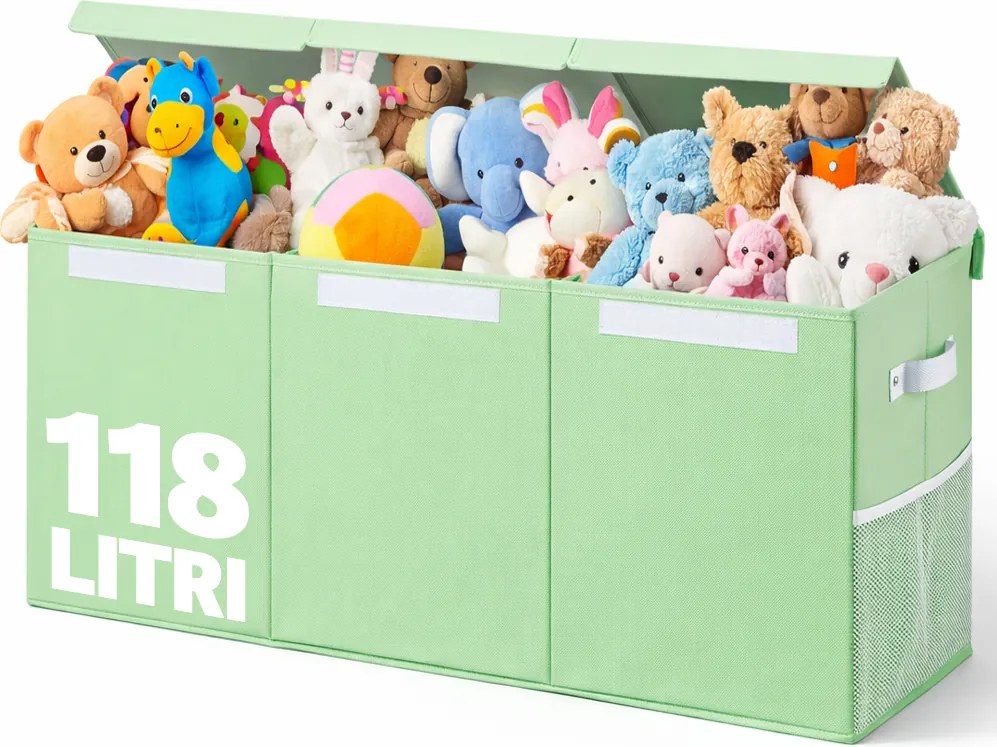 Box Contenitore per Giocattoli 91,5x32x40,5 cm Pieghevole 3 Scomparti 118L in TNT Verde...