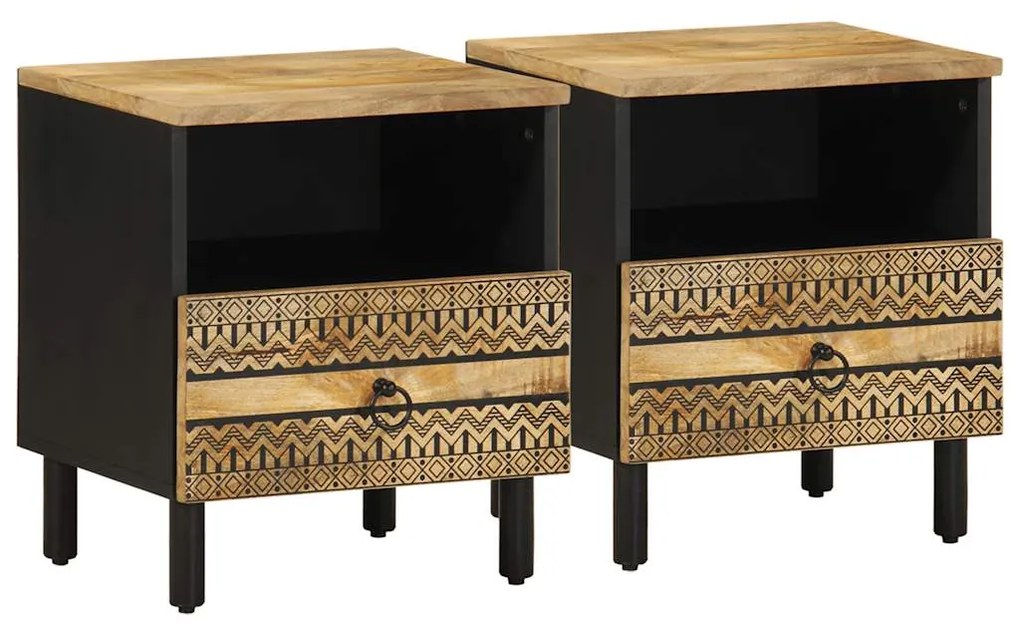 Comodini 2pz Neri 40x33x46 Cm İn Legno Massello Di Mango Grezzo /