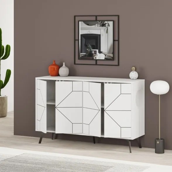 Madia Moderna 4 Ante 123 Cm Design Geometrico Piedi Metallici Dune Bianca