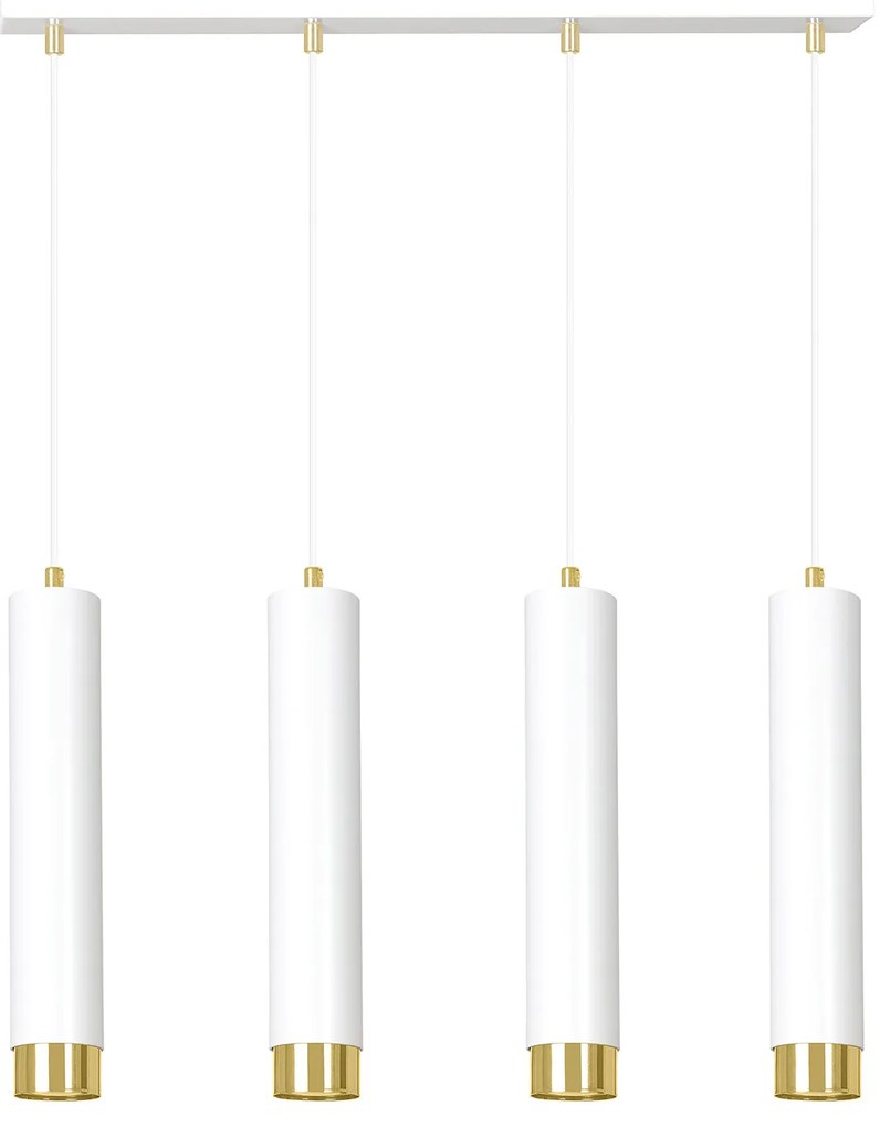 Lampadario 4 Luci Brunilde In Acciaio Bianco E Tubolari In Bianco E Oro
