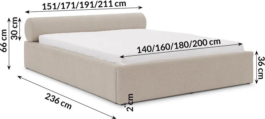 Letto matrimoniale imbottito beige con contenitore con rete inclusa 200x200 cm Cille – Ropez