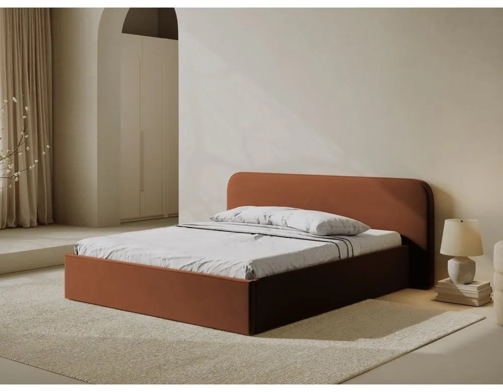 Letto matrimoniale imbottito color terracotta con contenitore e rete inclusi 200x200 cm Elizabeth – Micadoni