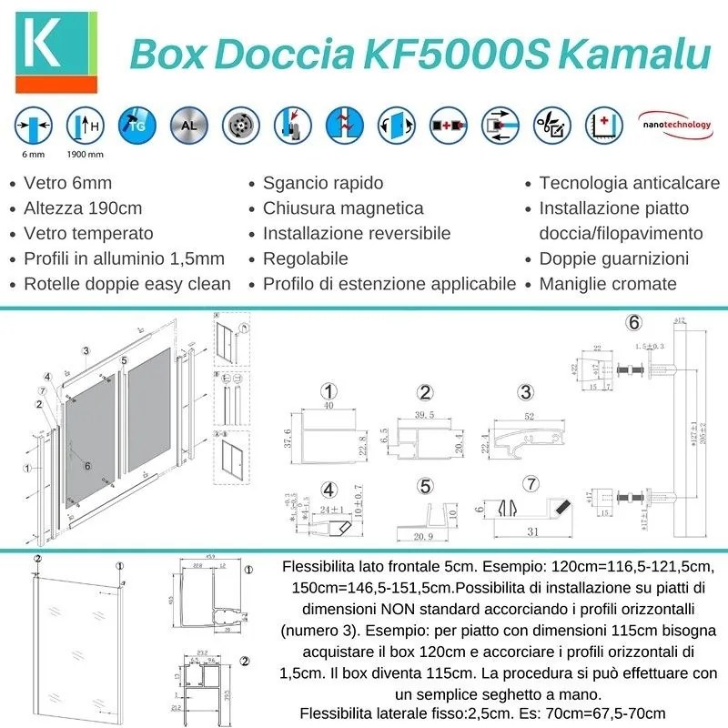 Kamalu - Box doccia 120x70 vetro opaco anticalcare anta scorrevole KF5000S