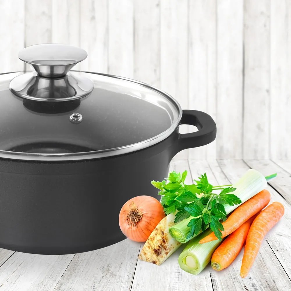 Pentola antiaderente Pfluon Granit con coperchio in vetro , ⌀ 24 cm Grande - Orion