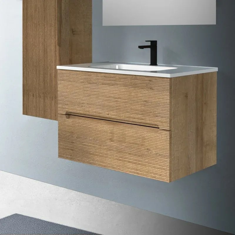 Mobile bagno sospeso 80 rovere cannettato 2 cassetti lavabo e specchio Rigo