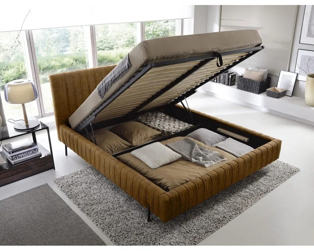 Letto matrimoniale imbottito giallo ocra con contenitore e rete inclusi 140x200 cm Plissa – ELTAP