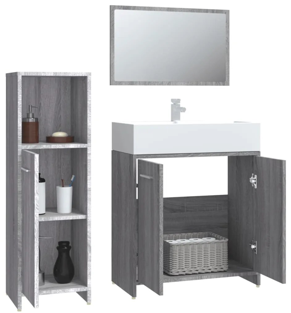 Set mobili da bagno 3 pz grigio sonoma in legno multistrato