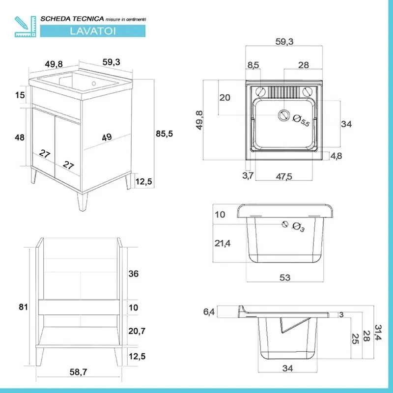 Mobile lavatoio 60x50 Way bianco lucido con vasca asse e kit scarico