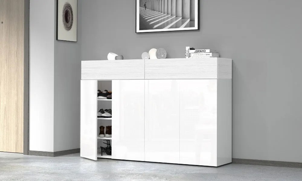 Scarpiera SAVONA 4 Ante e 2 Ribalta - Bianco Lucido/Bianco Larice, Moderna e Capiente