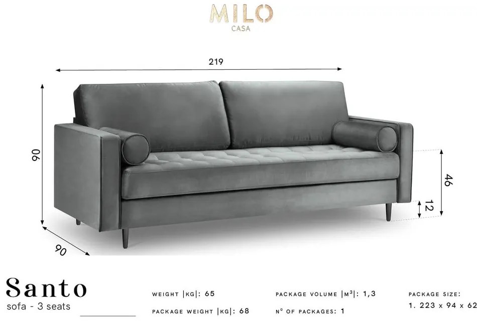 Divano in velluto grigio scuro, 219 cm Santo - Milo Casa