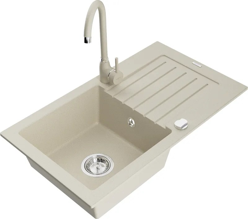 Mexen Pablo lavello in granito con 1 vasca con scolapiatti e rubinetto da cucina Telma, beige - 6510-69-670200-69