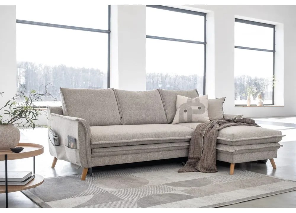 Divano angolare greige allungabile/con contenitore (con penisola a destra/con chaise lounge) Charming Charlie – Miuform