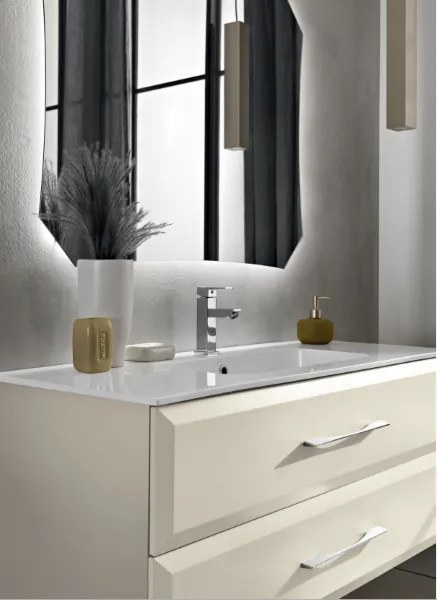 Mobile da bagno sospeso moderno base 120 CLEIDE con 2 cassetti e lavabo, AVORIO OPACO