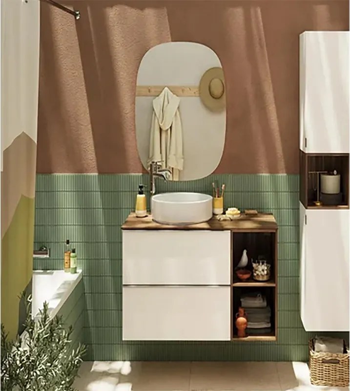 Mobile bagno sospeso con lavabo, top incluso L 60 x H 55 x P 45 cm bianco e noce  2 cassetti per vasca centrale Modern