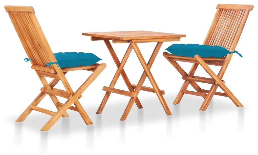 Set da bistrot 3 pz con cuscini azzurri legno massello di teak