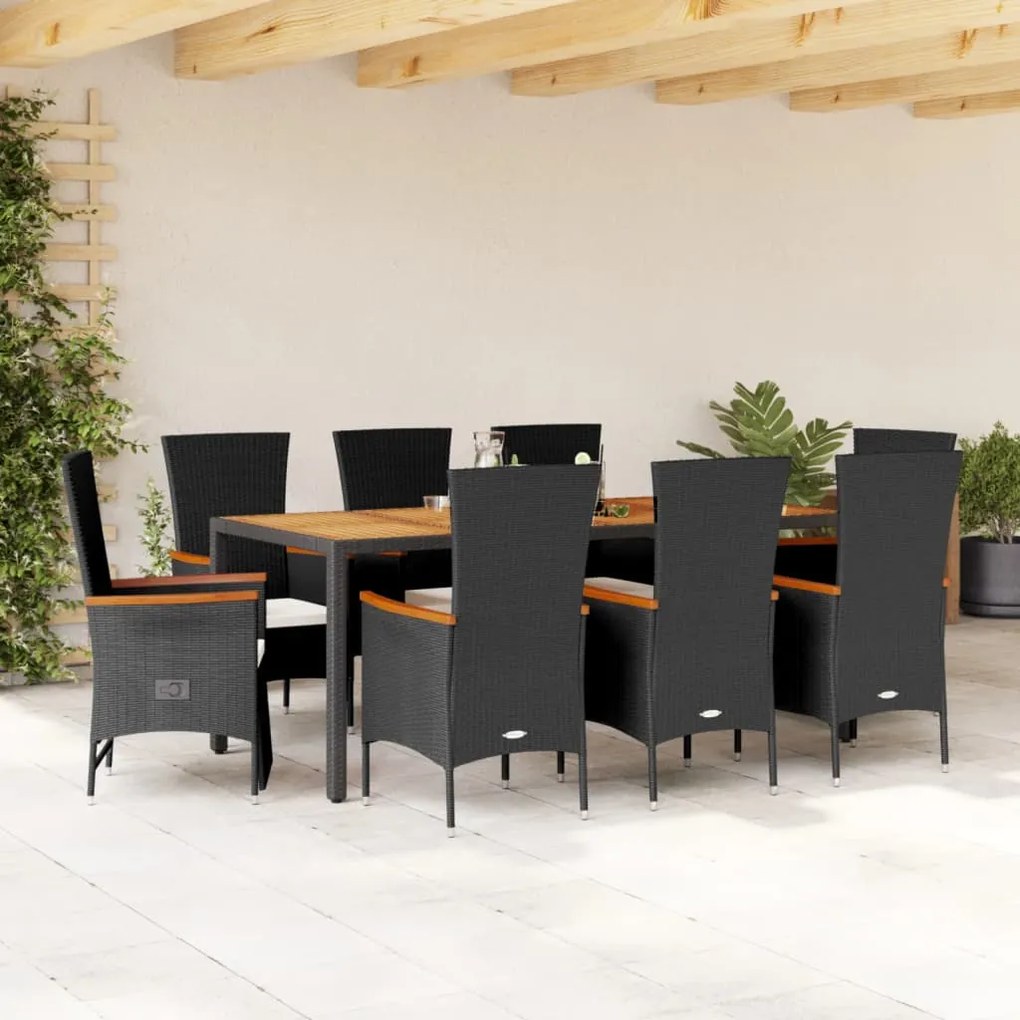 Set da pranzo da giardino 9 pz con cuscini nero in polyrattan