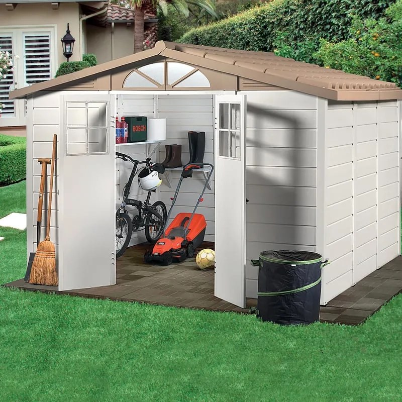 Casetta da giardino GAROFALO Tuscnay EVO XXL in pvc beige con porta doppio battente, superficie interna 6.51 m² e spessore parete 20 mm