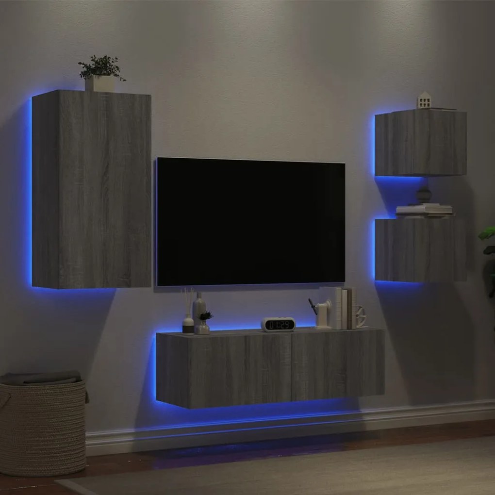 Mobili Tv A Muro 4pz Con Luci Led Grigio Sonoma /