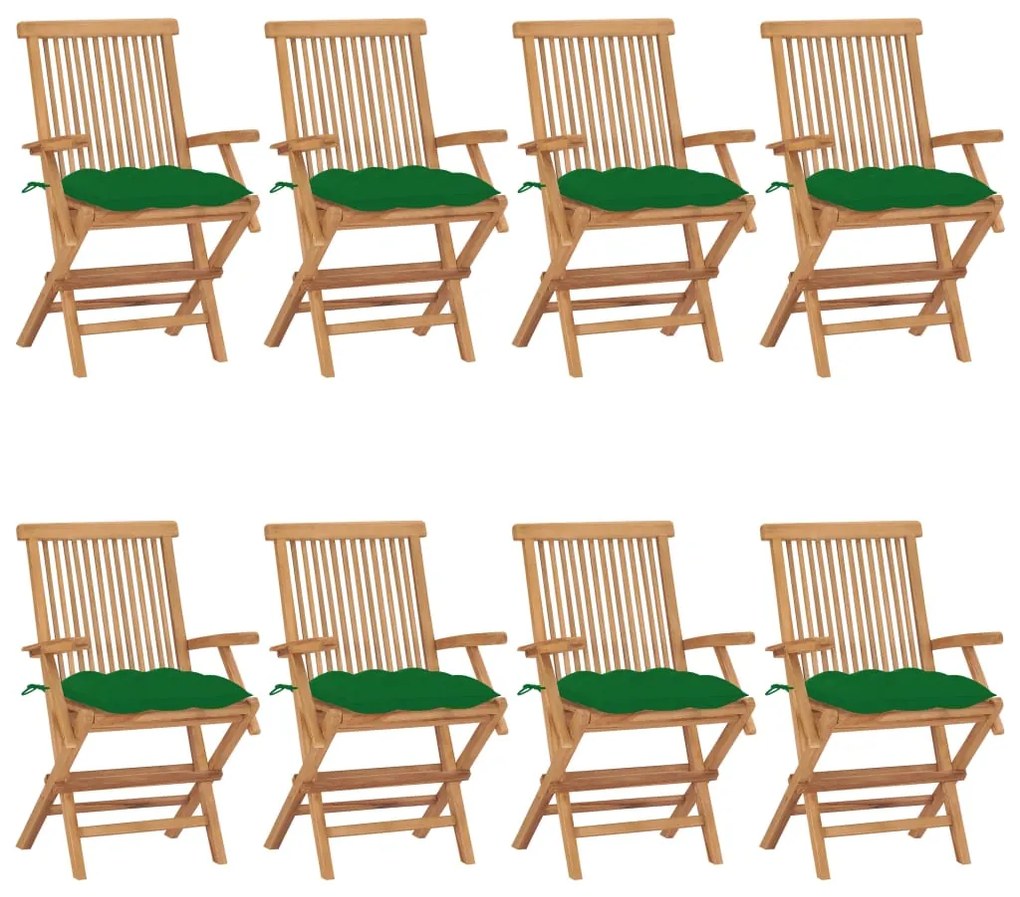 Sedie da giardino con cuscini verdi 8 pz in massello di teak