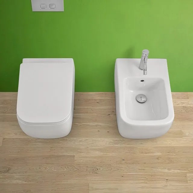 Coppia di Sanitari filomuro Metropolitan bianco lucido con copriwater ultraslim soft close