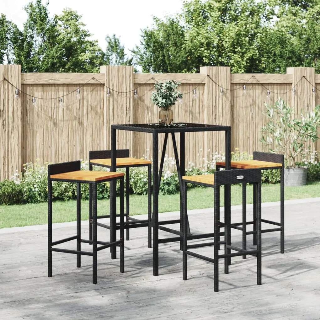 Set bar giardino 5 pz nero polyrattan e legno massello acacia