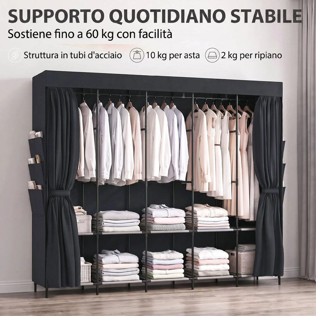 Armadio Salvaspazio 212x45x167 cm con 5 Aste 5 Ripiani 6 Tasche Laterali Ante Antipolvere con Zip in Tessuto Nero...