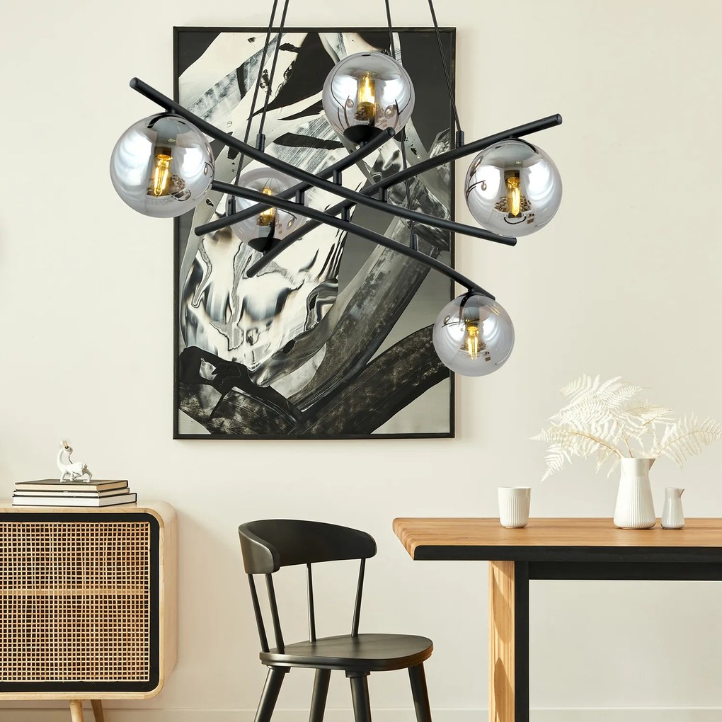Lampadario Moderno Cadmo Acciaio Nero Grigio 5 Luci E14 Ip20