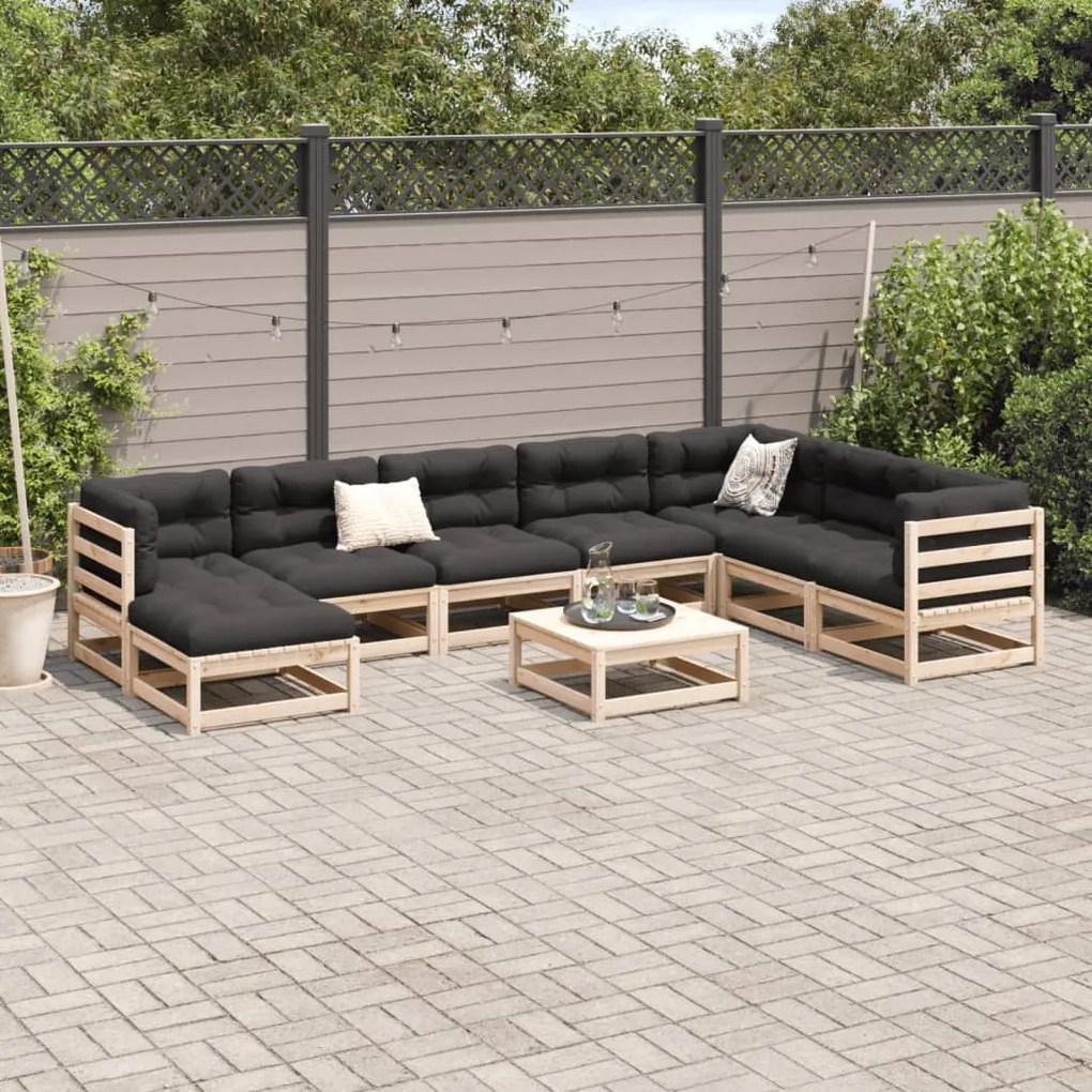 Set divani da giardino 9 pz con cuscini legno massello di pino