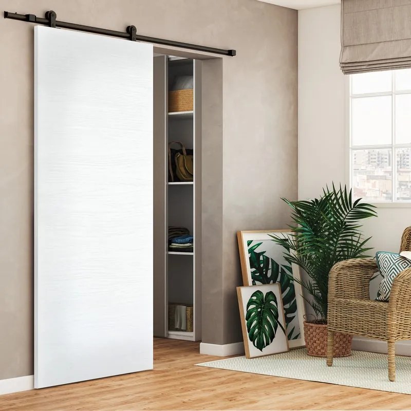 Porta scorrevole Milk in mdf bianco, L 92.5 x H 211.5 cm, con binario Loft nero Reversibile