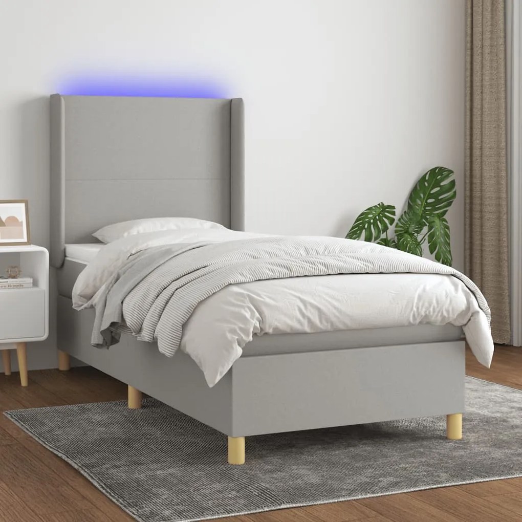 Letto a molle materasso e led grigio chiaro 100x200 cm tessuto