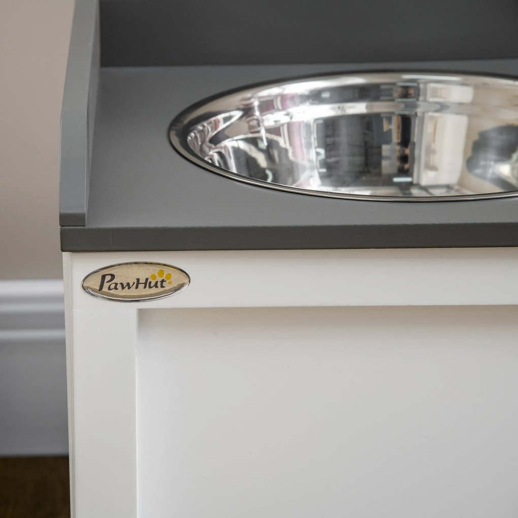 Ciotole per Cani Rialzate 60x30x36 cm con Cassetto in Acciaio Inox e Legno Bianco e Grigio...